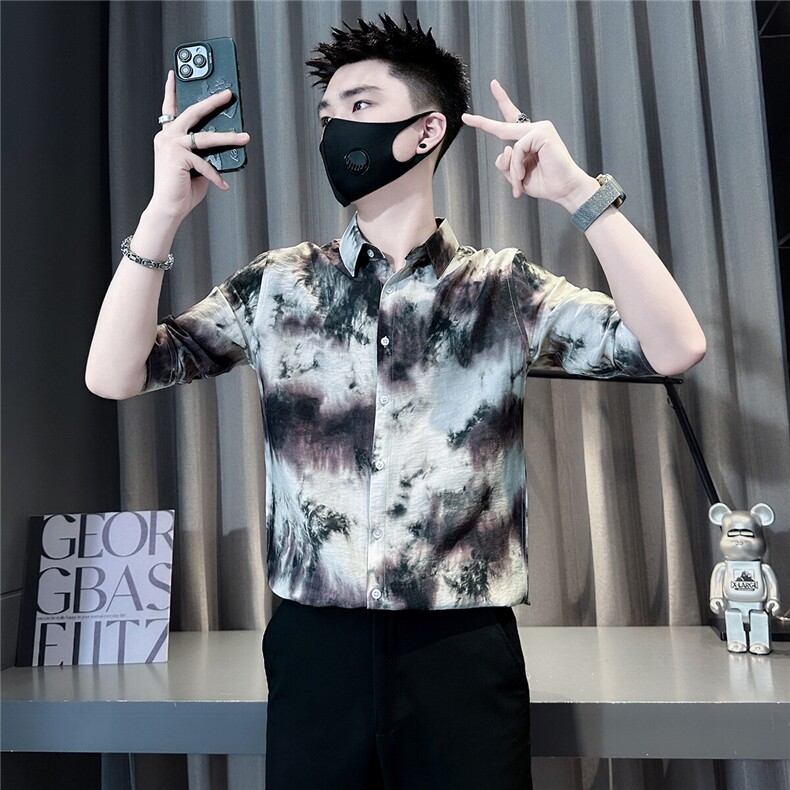 扎染印花男士七分袖衬衫修身潮流社会小伙301C-CS13-P58控78图片