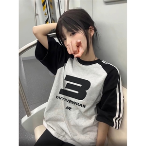 夏季美式高街重磅纯棉三条杠织带插肩撞色男女短袖T恤 CZ92-特P25图片