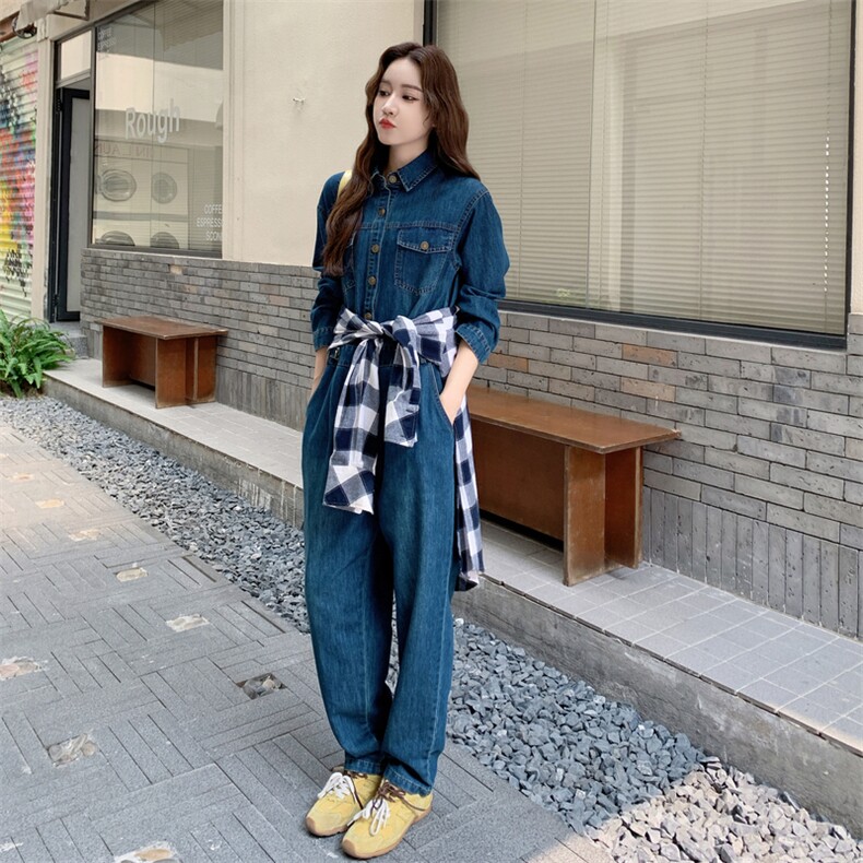 港风牛仔连体裤女2025长袖春秋新款高级时尚连身裤宽松工装连体裤,女装连体裤,2D076