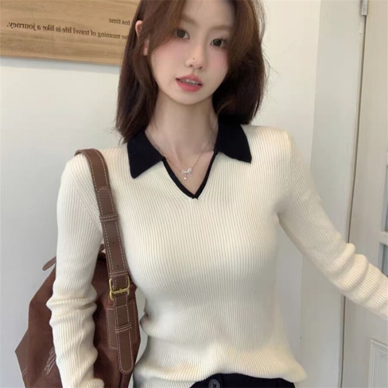 新款v领纯色针织套头上衣女图片