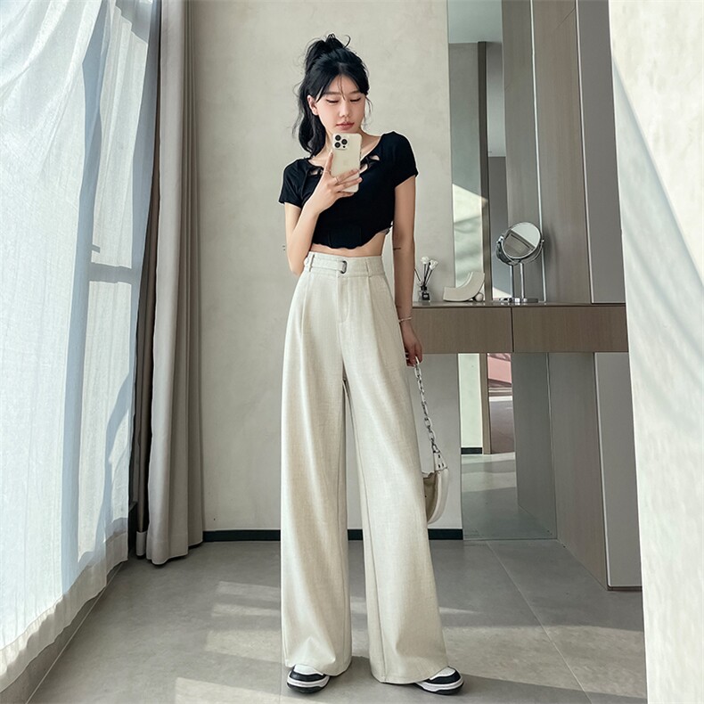 米白色西装阔腿裤女春夏2025新款高腰高级感垂感百搭直筒休闲西裤,女装休闲裤,梦白服饰厂