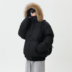 现货三防重磅硬挺boxy短款羽绒棉衣座山雕大毛毛领PU皮棉服外套冬图片