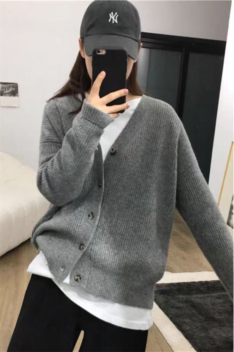 秋冬V领100纯羊毛针织开衫女宽松百搭加厚毛衣外套显瘦羊绒衫外搭,女装羊毛衫,旭驰羊绒