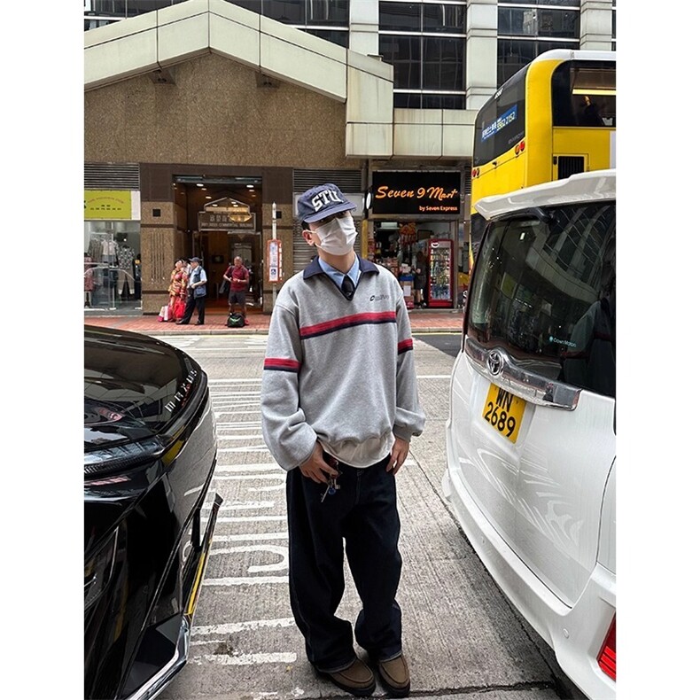 W002-P48美式复古polo领卫衣男款秋季撞色拼接套头长袖上衣,男装卫衣,电商B323A