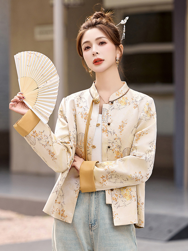 新中式国风印花短外套女2025春秋新款提花盘扣改良年轻款唐装上衣,女装短外套,伊仟回