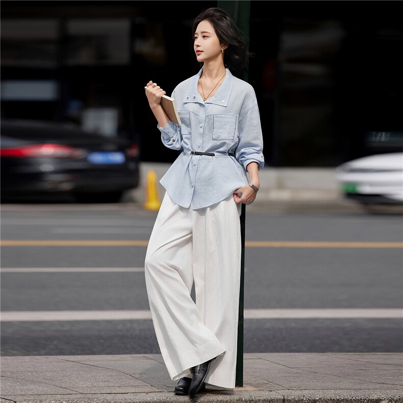 韩系气质时尚衬衫阔腿裤两件套2026春秋新款收腰显瘦潮流穿搭套装，女装套装/套裙，姿萝菲