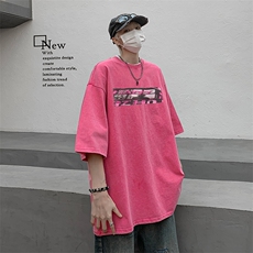 复古水洗做旧创意字母印花重磅落肩袖短袖T恤XZ514-2-24119-P38，男装T恤，星座514-2(原B239)