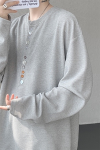 8XL-M 慵懒肌理感华夫格廓形云母贝纽扣长袖T恤打底长袖CX3006P48图片