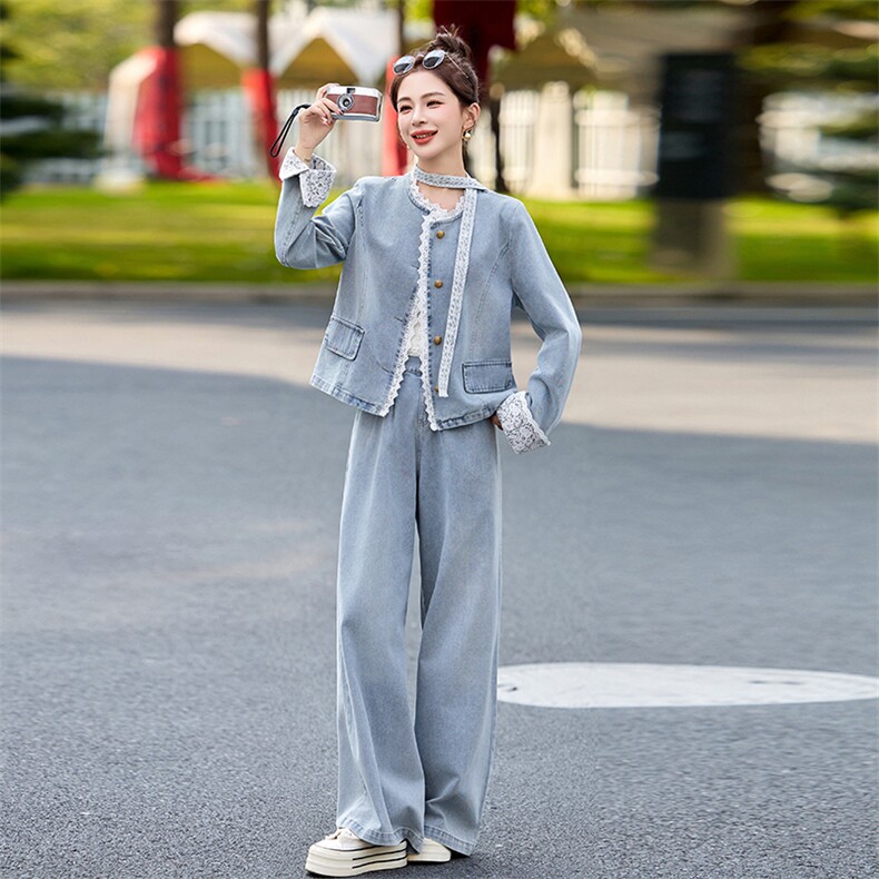 蕾丝拼接牛仔阔腿裤套装女春秋2025新款两件套独特绝美超火高级感,女装套装/套裙,2B115