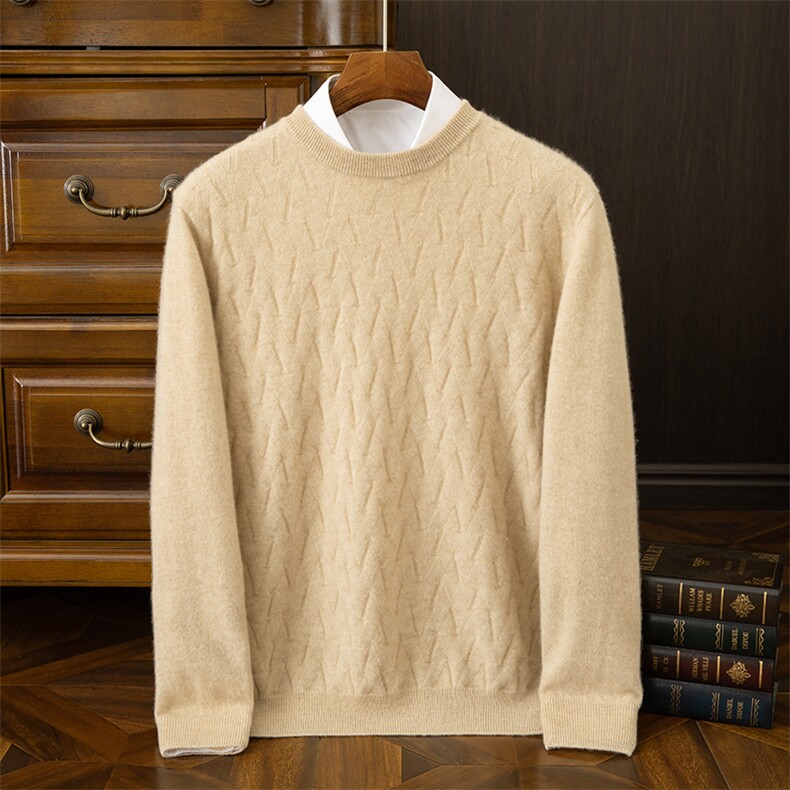 男士冬季保暖羊绒开衫时尚暗纹提花圆领毛衣高品质舒适面料，男装羊绒开衫，吉高羊绒