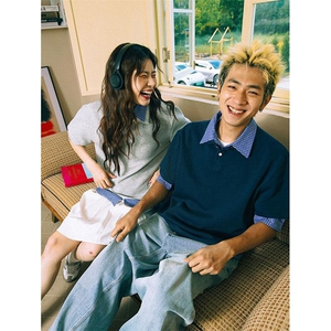 得物抖音高品质二开 夏季美式潮牌高街假两件格子衬衣翻领短袖T恤图片