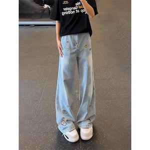 宽松卡通刺绣牛仔裤男女美式复古水洗阔腿裤图片