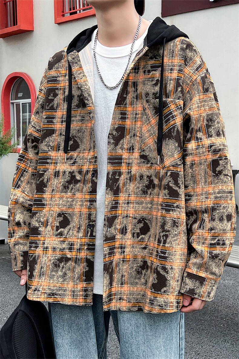 C877-P55M-6XL秋季新款大码美式复古宽松连帽衬衫外套,男装衬衫,星座109
