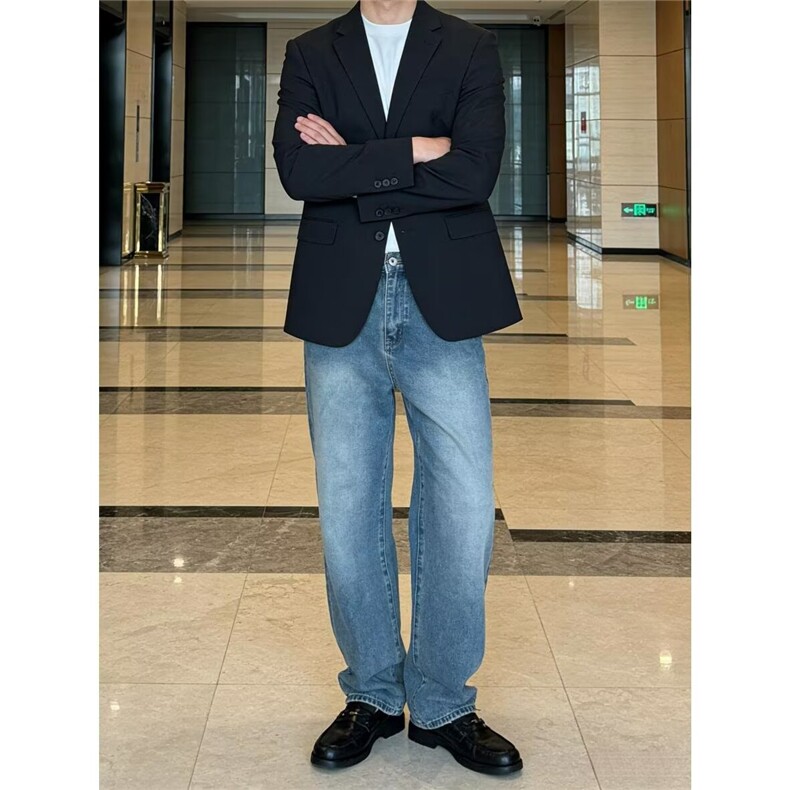 美式高街cleanfit做旧蓝色牛仔裤秋季男款阔腿直筒裤子高品质,男装牛仔裤,四季星座505