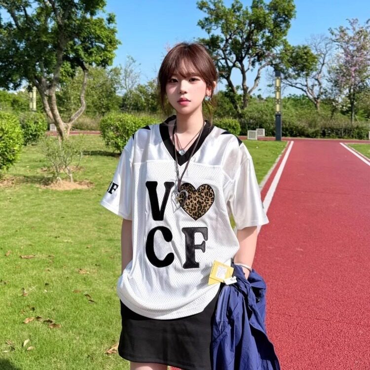 美式运动t恤女夏季穿搭豹纹爱心球衣短袖复古宽松休闲速干v领上衣,男装T恤,星座601-1