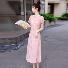 粉色印花旗袍连衣裙女夏季2023新款素雅复古气质新中式国风长裙子，女装连衣裙，蓝诺裳