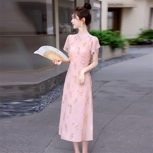 粉色印花旗袍连衣裙女夏季2023新款素雅复古气质新中式国风长裙子图片