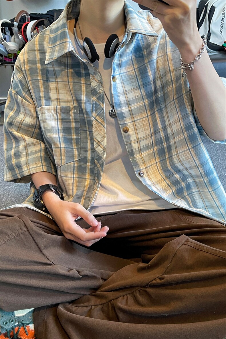港风复古休闲大格子翻领宽松短袖衬衫外套衬衣C2226-特批P29,男装T恤,电商A007