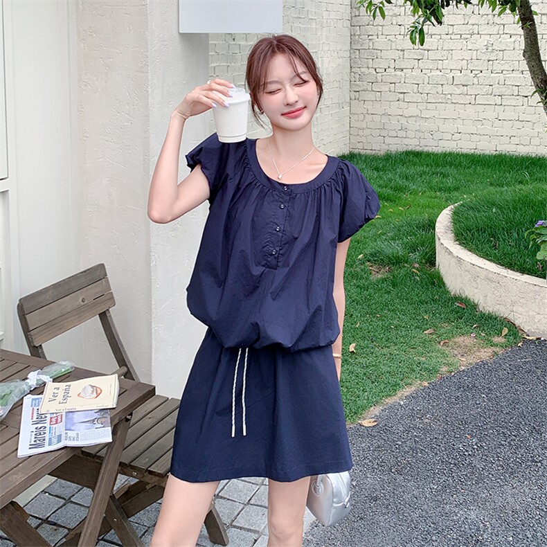 藏青色时尚一整套穿搭泡泡袖上衣套装裙女2025夏新款半身裙两件套,女装套装/套裙,浙宝220