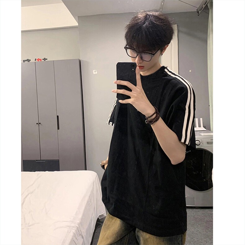 抖音得物高品质二开240克宽松纯棉美式潮牌三条杠织带短袖T恤，男装T恤，电商A486-1