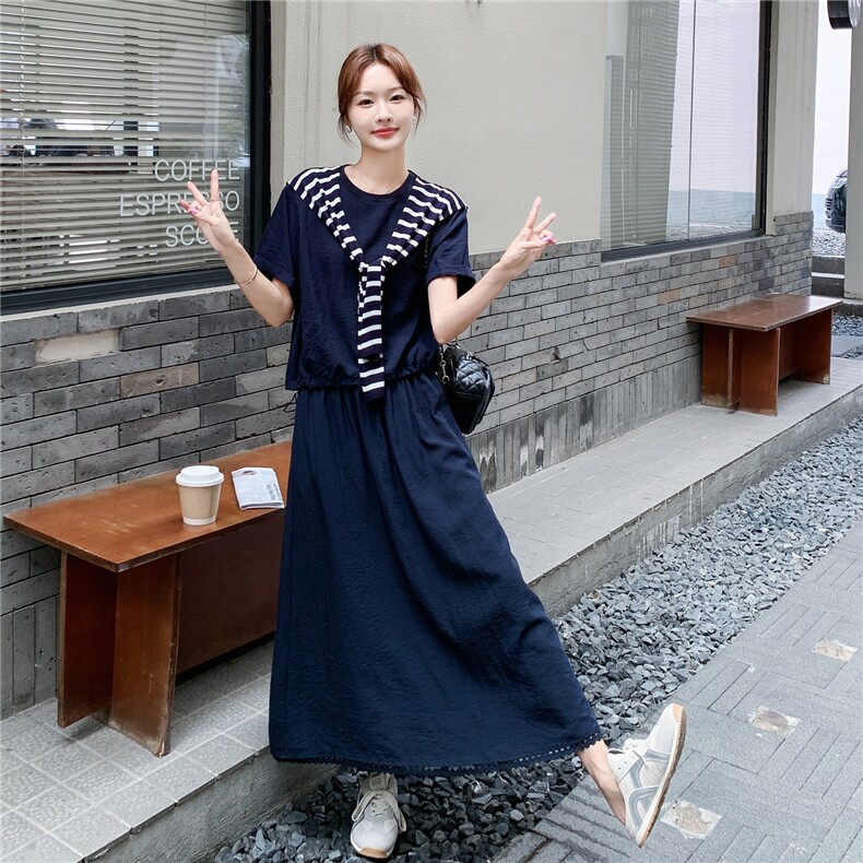 藏青色泡泡袖上衣条纹披肩半身裙套装女2025夏新款法式显瘦两件套图片