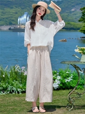 长袖棉麻上衣女2026年夏季气质翻领宽松慵懒风防晒衬衫罩衣，女装衬衫，梦懿尔