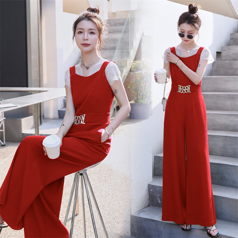 2023年夏季韩版通勤时尚潮流蕾丝上衣+连体裤两件套,女装套装/套裙,卡杰菲
