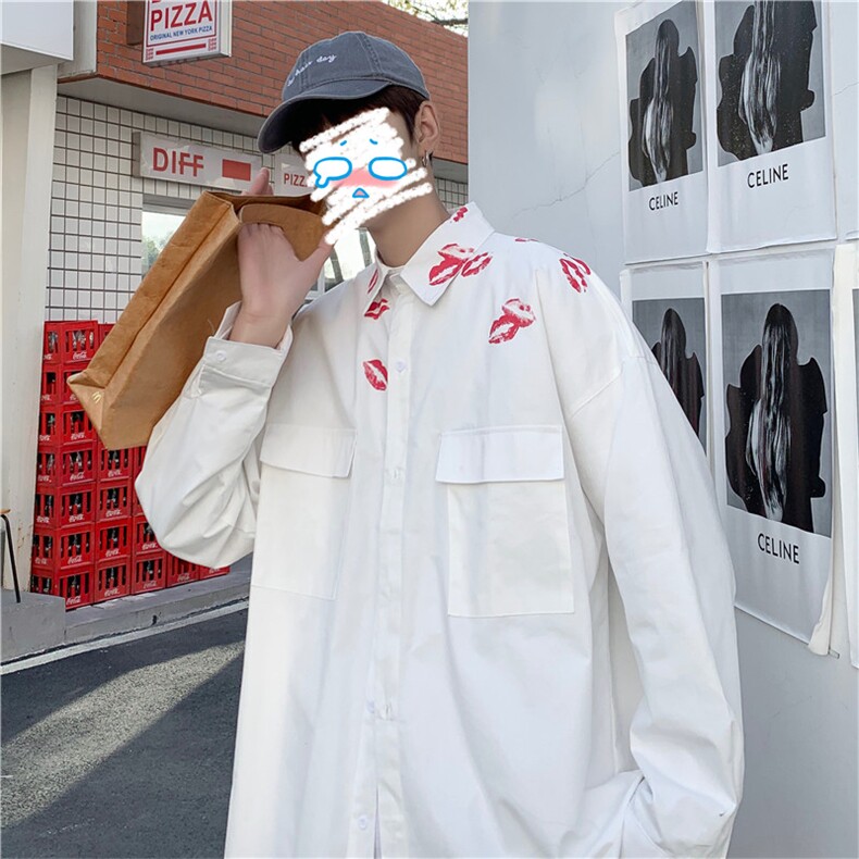 春季口红印花纯棉长袖衬衫潮流衬衣男休闲衬衫外套CS20P45，男装衬衫，电商C323