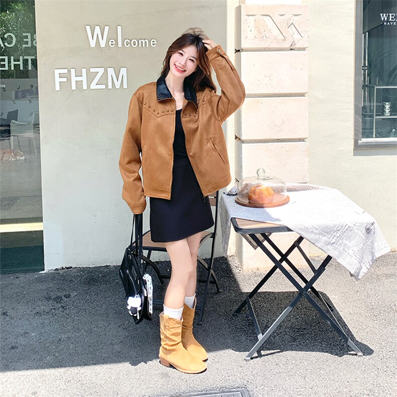 新品巴恩风撞色翻领复古麂皮夹克外套2C285-2857-P150-K218,女装短外套,2C285