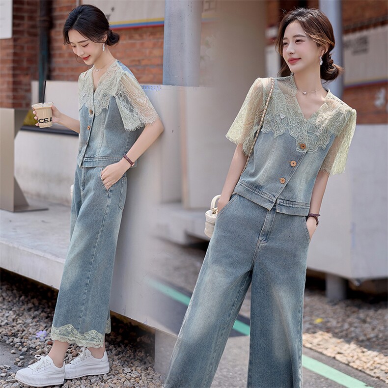 小香风蕾丝套装女2025夏日新款小个子时尚巨好看天丝牛仔两件套裤,女装套装/套裙,仟媚宠