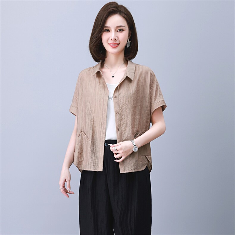 时尚天丝女夏季2025新款宽松洋气短袖衬衫中年妈妈休闲,女装衬衫,雪樱依海