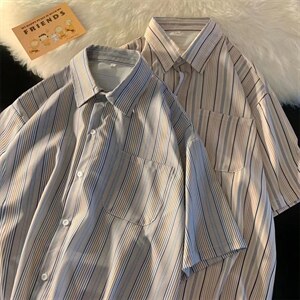 夏季条纹短袖衬衫男港风宽松休闲衬衣韩版潮流痞帅外套 W3224-P32图片