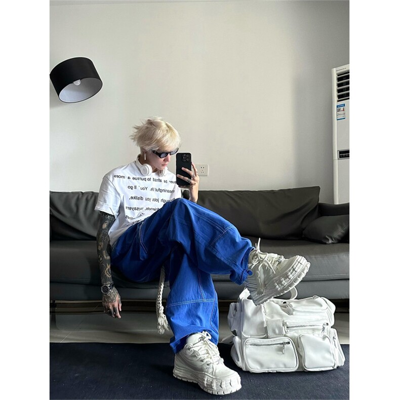 设计款蓝粉色抽绳工装高腰宽松直筒阔腿裤BK2314-P70控98，男装工装外套，星座1002-1