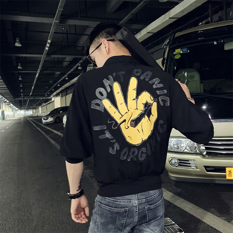 CS26 P48黑色2021夏装精神小伙印花七分袖男装修身衬衫图片