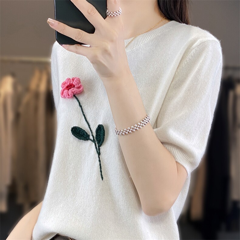 手工小花朵短袖圆领女2024新款羊毛毛衣,女装羊毛衫,北娇羊绒