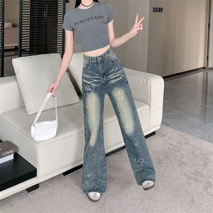 小个子复古刺绣直筒牛仔裤女2025新款设计感高腰显瘦窄版阔腿长裤图片