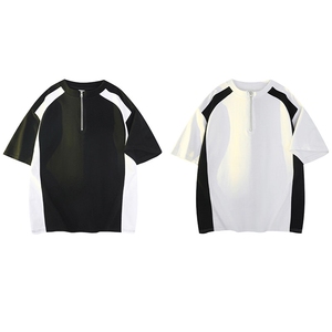 抖音得物高品质二开240克宽松纯棉美式拉链设计中性风短袖T恤图片