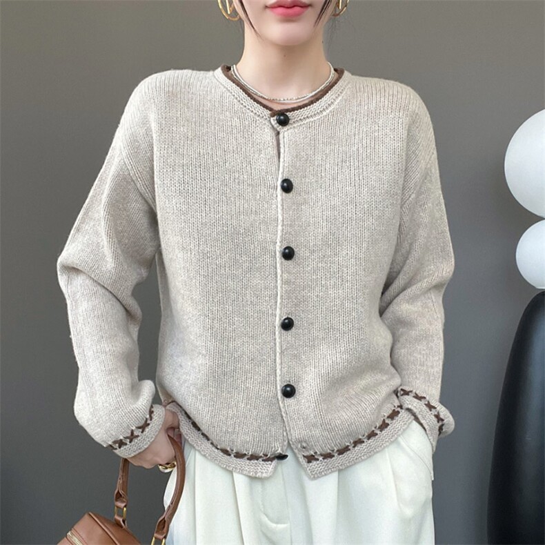 时尚百搭经典圆领羊毛开衫简约配色显瘦外套，女装羊毛衫，秋虹羊绒