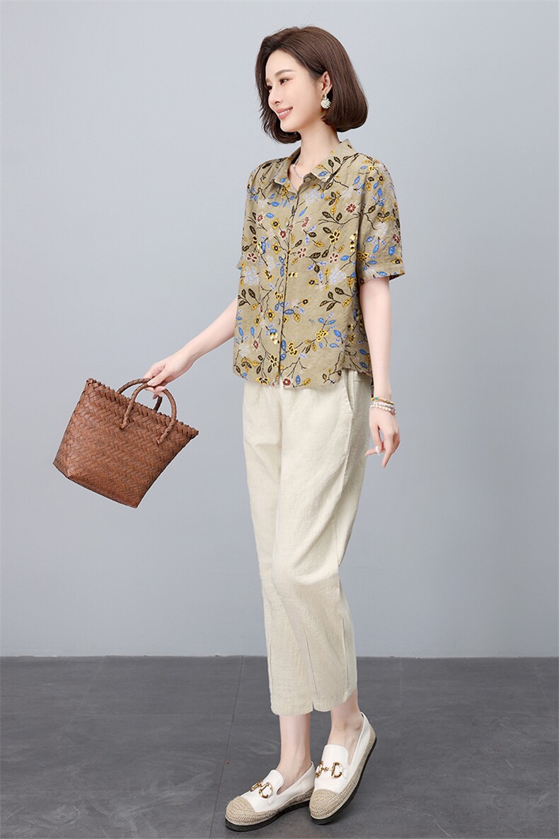 时尚印花衬衫棉麻套装女2025夏季新款中年妈妈洋气减龄亚麻两件套,女装套装/套裙,依恋蒂丝