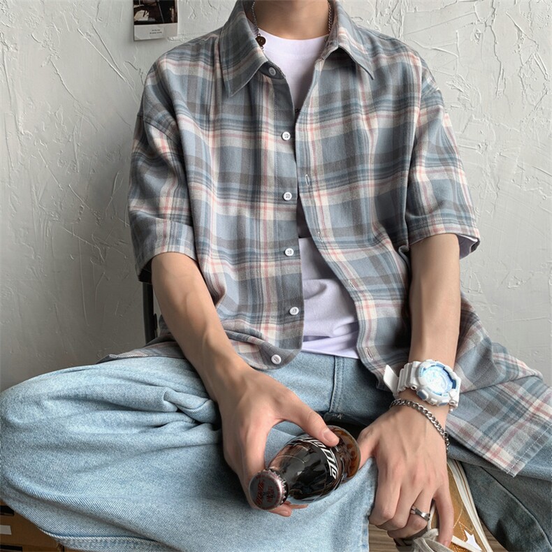 男装2021夏季新格子休闲百搭短袖纯棉衬衫韩版潮流DS789TP35,男装衬衫,电商A102