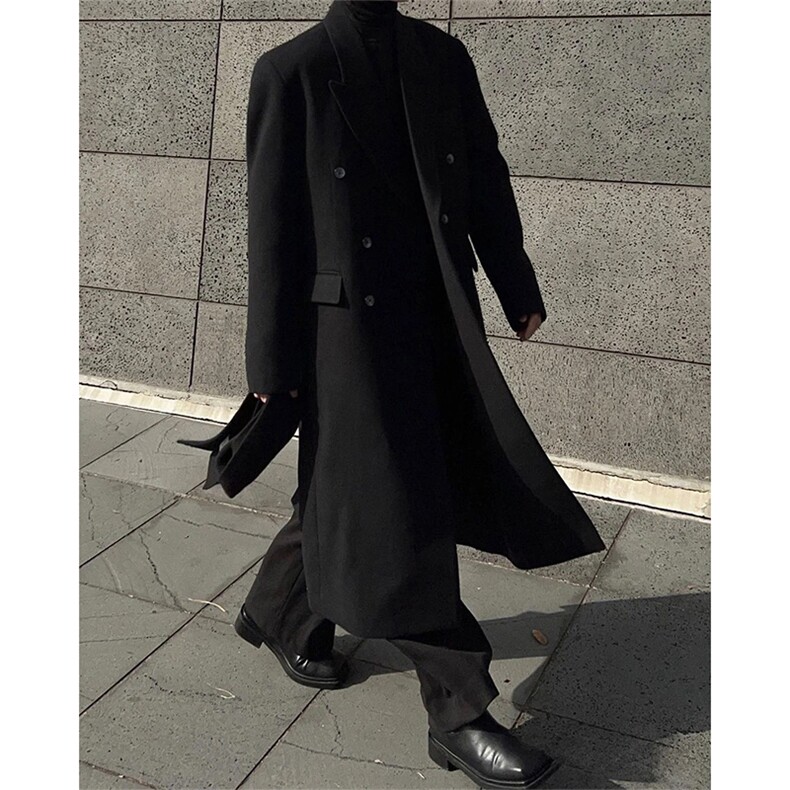 原版~韩系秋冬黑色毛呢大衣男休闲正肩过膝长款风衣外套Y982-P125，男装风衣，星座1004-3