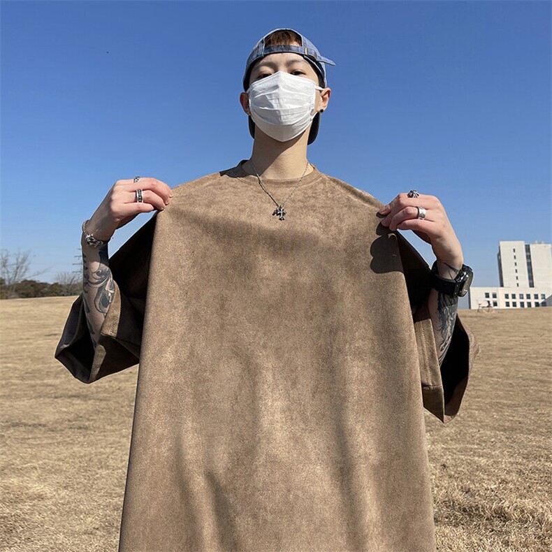 抖音得物直播高品质二开240克美式高街麂皮绒光版纯色短袖t恤12.5,男装T恤,电商A486