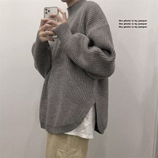 韩版慵懒风宽松开叉圆领毛衣男士港风纯色套头针织衫MY099-P40，男装针织衫/毛衣，星座1001-1