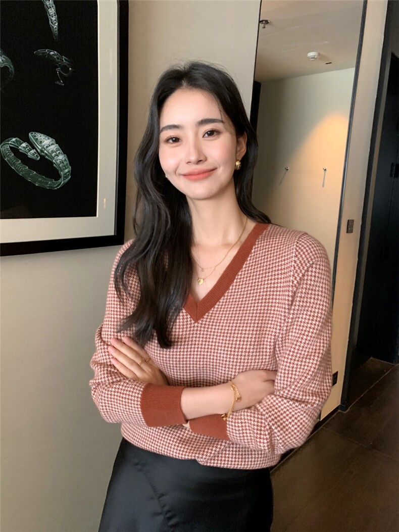 V领女秋冬复古设计感针织衫上衣百搭,针织衫/毛衣,玛卡隆羊绒