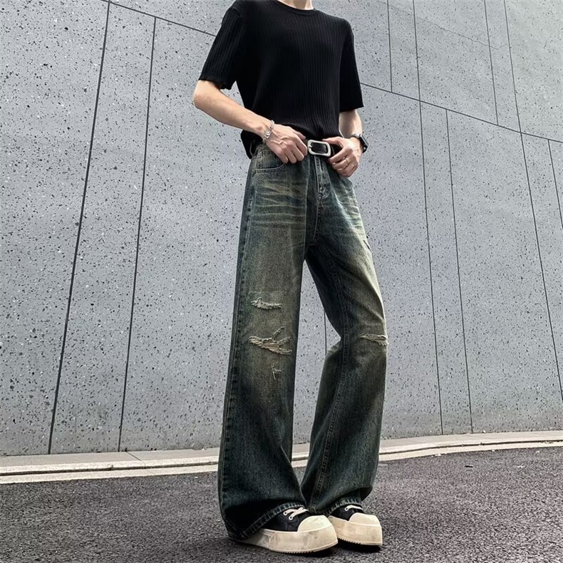 山小川潮牌破洞牛仔裤男美式高街设计感小众做旧水洗宽松直筒长裤,男装牛仔裤,四季星座505