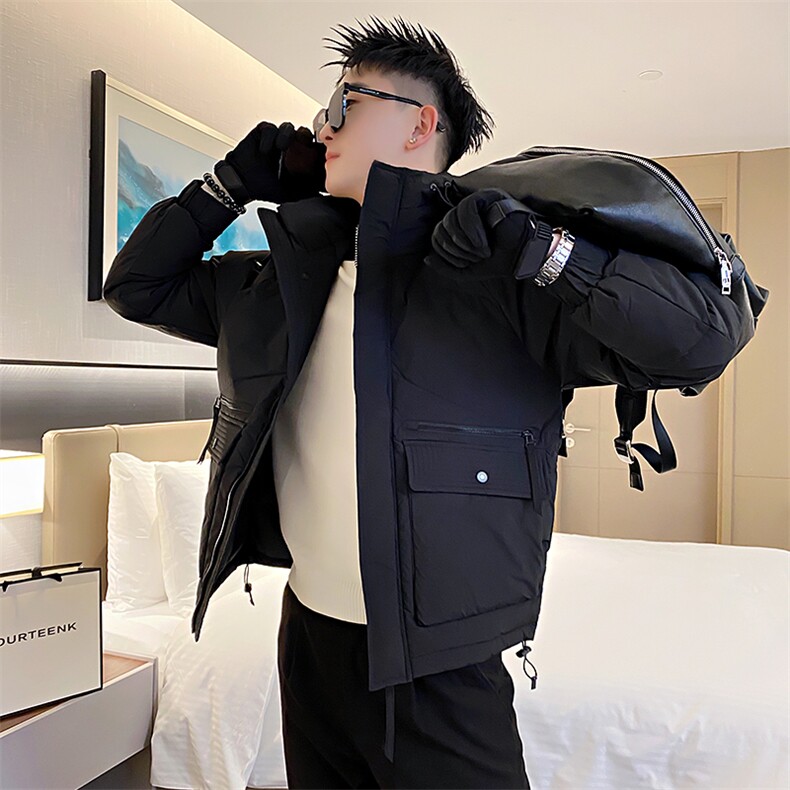 AY75/P138控178冬季社会小伙连帽工装口袋潮牌痞帅棉衣外套男黑首图片