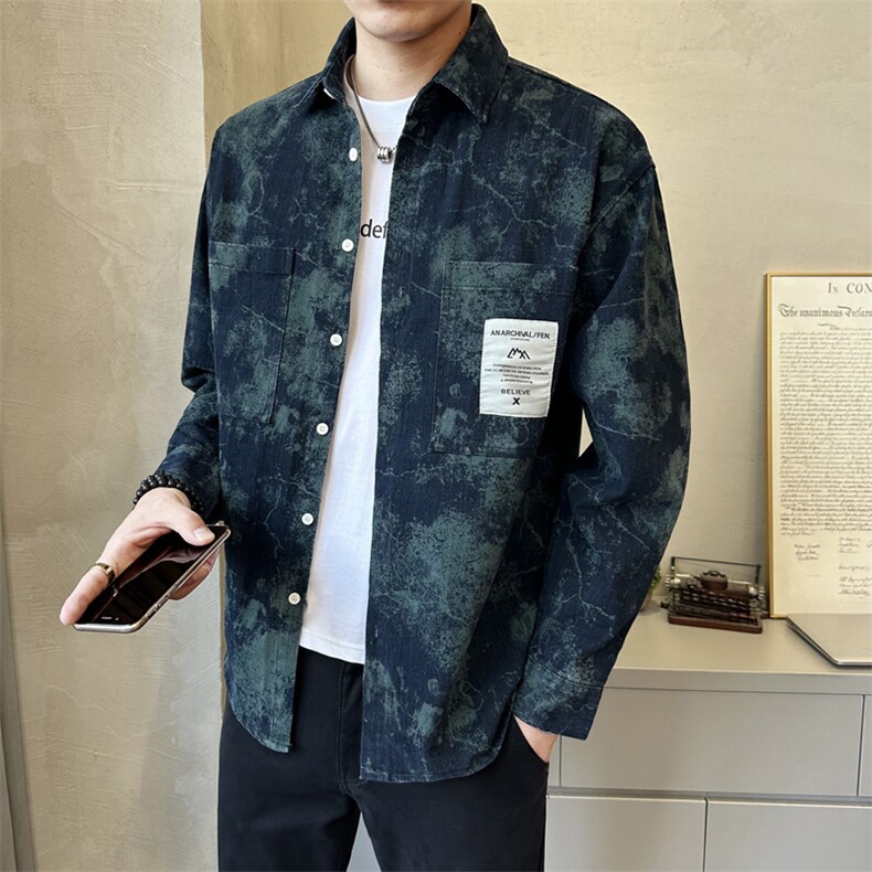 新款牛仔长袖衬衫男蓝色个性扎染印花工装外套C2401-P105,男装衬衫,电商A237