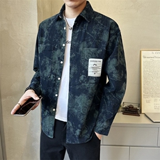 新款牛仔长袖衬衫男蓝色个性扎染印花工装外套C2401-P105，男装衬衫，电商A237