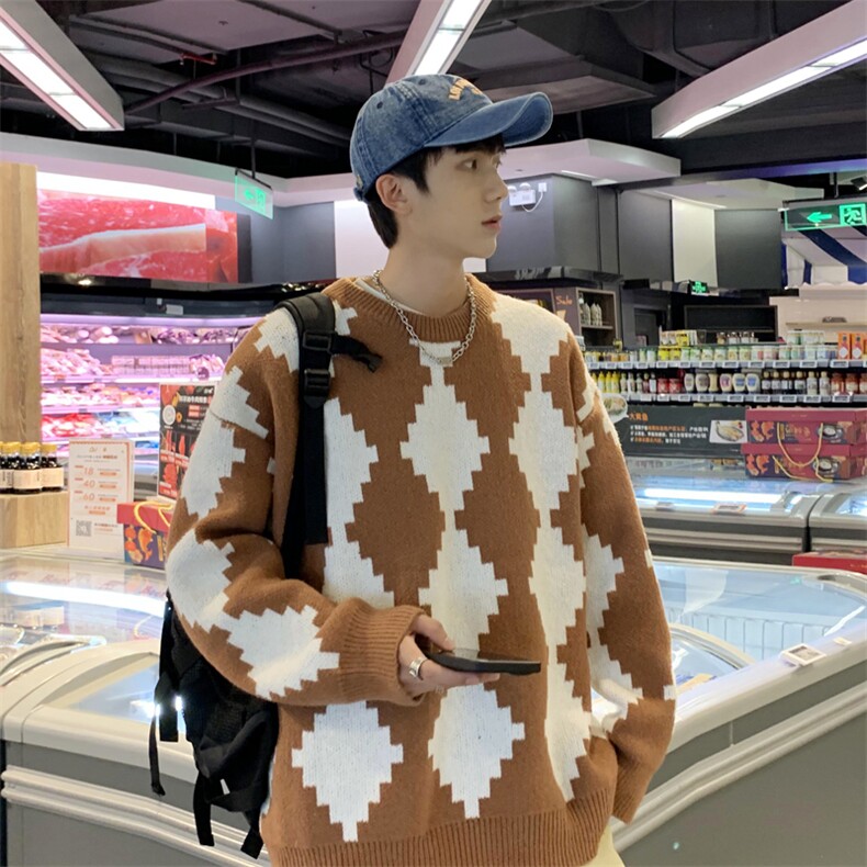 日系棋盘格毛衣男秋冬季新款宽松圆领潮流纯色针织衫M644-P58,男装针织衫/毛衣,星座512-2