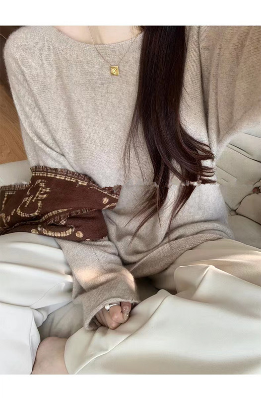 秋冬新款女一字领宽松百搭慵懒风毛衣宽松时尚针织打底,针织衫/毛衣,半城羊绒